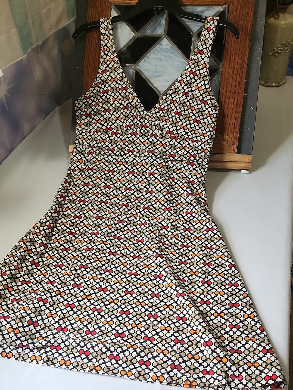 Patagonia Sleeveless Midi Dress with Red, Orange, Black & White Geometric Print